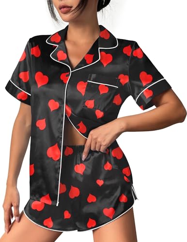 Image of Ekouaer Womens Silk Satin Pajama Set Print Short Sleeve Sleepwear Button Down Pjs Shorts Set Loungewear