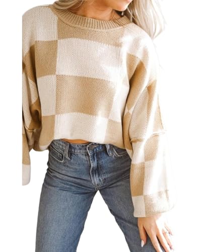Image of Women's Casual Crew-Neck Long Sleeve Sweater Checkered Pullover Knit Sweaters Jumper Top