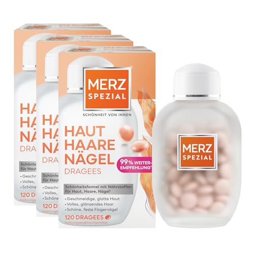 Merz Spezial Haut Haare Nägel Dragees - 3 x 120 Dragees - Nahrungsergänzungsmittel mit 13 Mikro-Nährstoffen für strahlende Haut, glänzendes Haar und feste Fingernägel