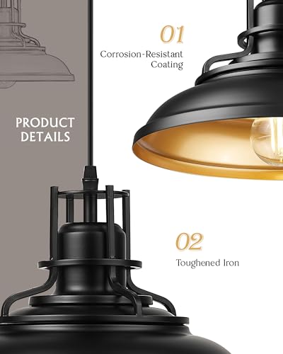 Image of FEMILA Black & Gold Pendant Lights for Kitchen Island, 12 inch Farmhouse Pendant Light Fixture, Adjustable Hanging Barn Lights Outdoor for Dining Room, Entryway, 4FY15-MP BK-1