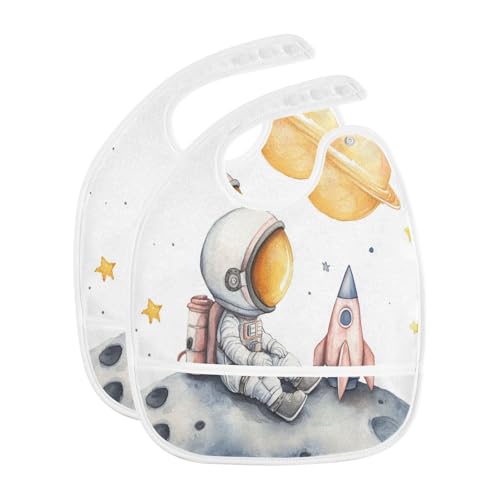 MCHIVER Astronaut White Baby Bibs for tag1 Waterproof Feeding Bib Apron with Food Cather Adjustable Cotton Food Eating Bib 2 Pack