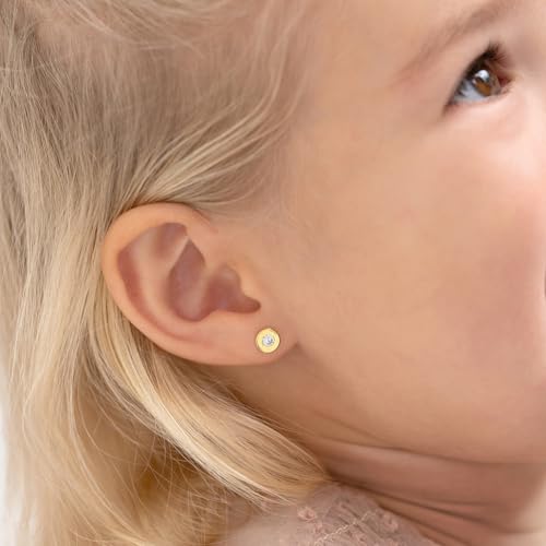14k Yellow Gold Round Bezel Cubic Zirconia Safety Screw Back Earrings For Toddlers and Little Girls - Children's Cubic Zirconia Stone Earrings For Everyday Wear3