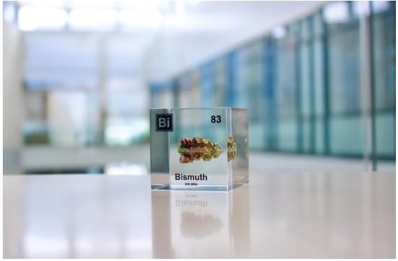 Authentic Bismuth Element Cube, 2x2x2 Inches, Encased in Crystal-Clear Lucite Acrylic, Handmade in The USA by Engineered Labs, for Display or Educational Purposes