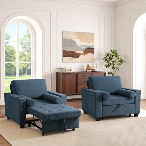 Image of 3-in-1 Sleeper Chair Pull Out Sofa Bed, Convertible Reclining Seat Upholstered Armchair, Adjustable Backrest Recliner Chair - Navy Blue
