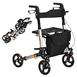 HOMCOM Rollator Walker with Seat, Compact Quick Folding Mobility Walker with 8" Wheels, Carry Bag, Adjustable Height, Cane Holder and Lightweight Aluminium Frame for Seniors and Disabled, Gold Tone