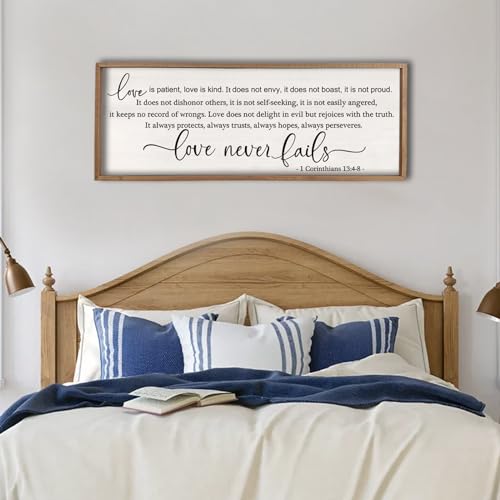 flowtorely Love is Patient Kind Wall Art Decor 32X12 Sign 1 Corinthians 13 Bedroom Above Bed Wall Decor Large Bible Verse Quote Scripture Christianity Hanging Sign (Wood)