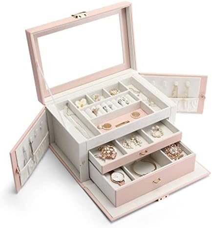 Vlando Jewellery Organiser Box with Large Mirror and Luxury Metal Fitting, 3 Layers Jewelry Storage Case for Rings Bracelets Earrings Necklaces,Gift for Women Girls Christmas New Year Gift (Grey)