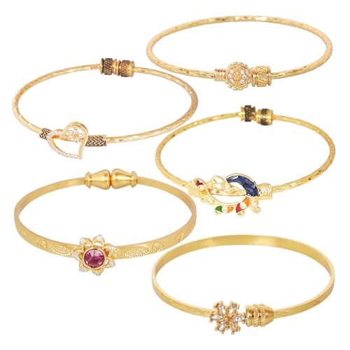 Image of Touchstone Indian Bollywood Handcrafted Engraved Etched Floral Round Rhinestones Cubic Zirconia CZ Designer Jewelry Openable Elegant Gold Plated Bracelets Combos for Women