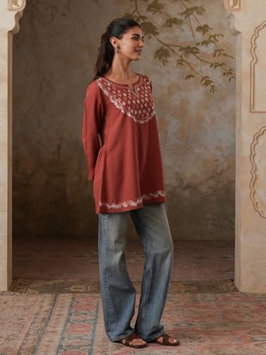 Image of QAZMI Women's Azra Kashmiri A-Line Full Sleeves Viscose Rayon Short Kurti