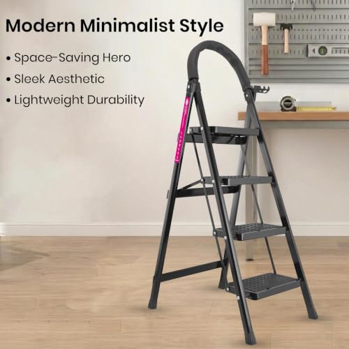 Image of Casa Copenhagen Black 4 Step Ladder for Home Use with Built-in Tool Tray | Heavy Duty D Shape Rods | Ultra Large Platform | Wide Rubber Feet | 150Kg Capacity Foldable Ladder - 7 Years Warranty