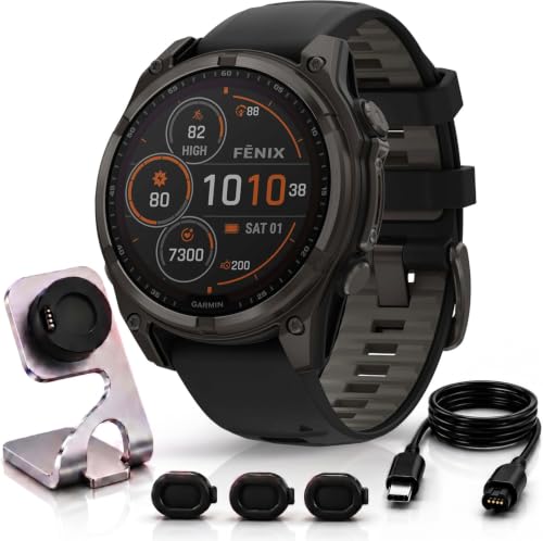 Image of Garmin Fenix 8 47mm Solar Sapphire Multisport GPS Smartwatch, Carbon Gray DLC Titanium with Black /Pebble Gray, 010-02906-10 - Bundle w /Deco Essentials Charging Dock, Dust Cover and USB-C Cable