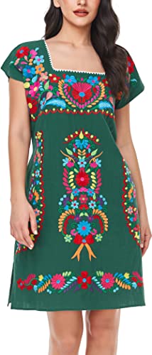 Image of YZXDORWJ Women Mexican Embroidered Dress Ruffle Collar Sleeveless