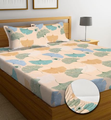 Image of NEW LEAF Premium Cotton Elastic Fitted Bedsheets with 2 King Size Pillow Covers | Double Bed with All Around Elastic 180 TC Supersoft | Size - 72 King Sizex78+10 inches | Pastel Ginkgo