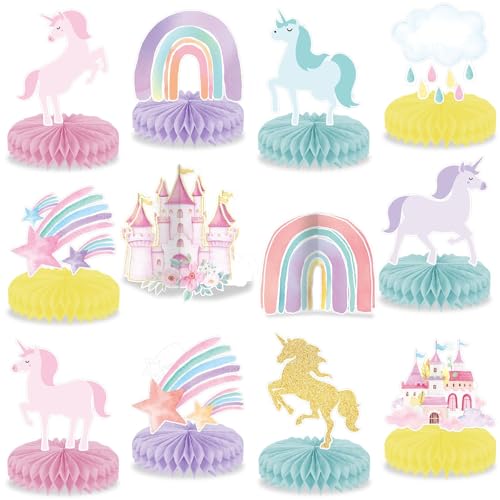 ZenithAura 12 pièces Décoration de Table Nid d'abeille Licorne Arc-en-Ciel Couleurs Pastel Magiques Décoration de Fête Licorne Château Pastel Arc-en-Ciel...