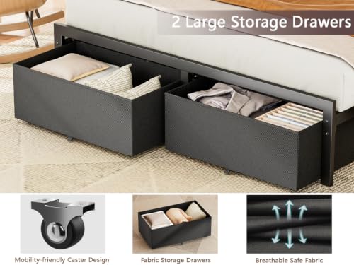 Image of Furnulem Full Size Bed Frame with 2 Storage Drawers & Upholstered Headboard | Metal Platform Bed with Storage Shelf, Charging Station, LED Lights and Heavy-Duty slats, No Spring Box Needed, Noise-Free