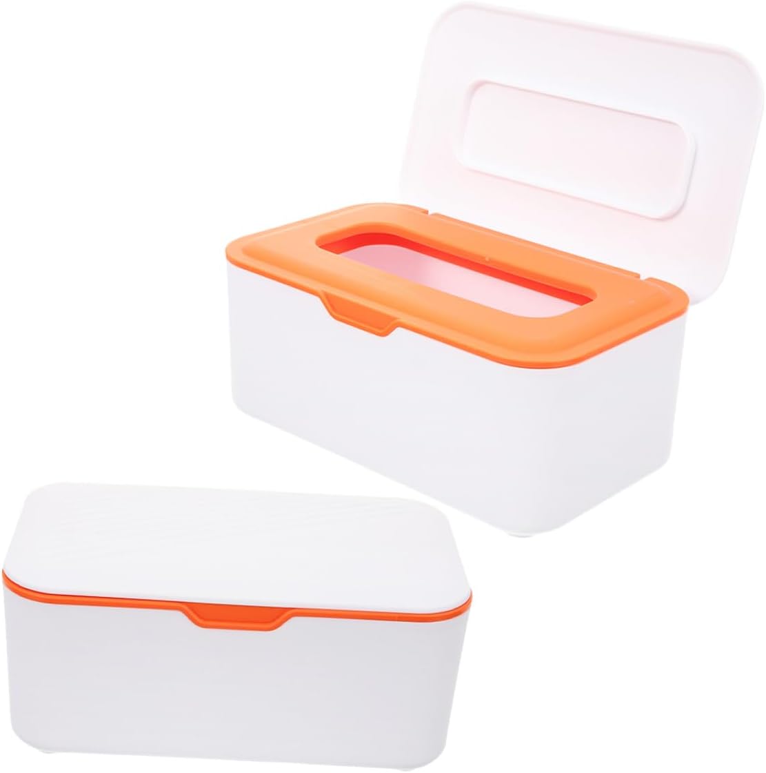 Refillable Wet Wipes Dispenser with Sealing Lid for Diapering, Portable Tissue Box Holder for Bathroom and Travel, 2pcs White and Orange Plastic Containers
