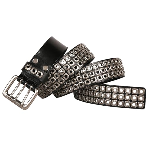 Punk Belt for Men Women Cowhide Leather Belts with 3 Grommet Retro Studded Metal Rivet Casual Belt for Rock Rap Jeans Dresses