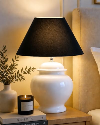 Image of Homesake Ceramic Pot Shaped Base White Table Lamp with Shade, (Black)