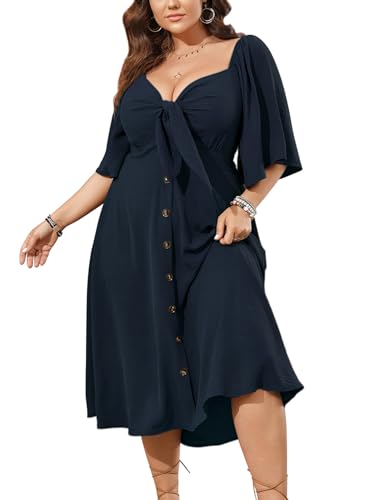 Image of SCOMCHIC Plus Size Summer Dress Casual Short Sleeve Bow Tie Deep V Neck Smocked Button Down Midi Flowy A-line Boho Dresses