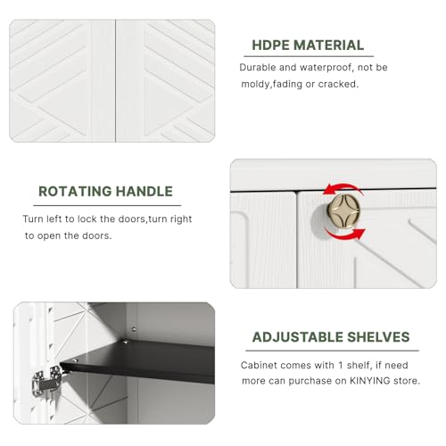Image of KINYING Outdoor Storage Cabinet Waterproof, 60 Gallon Resin Outdoor Storage Shed for Patio /Garden /Backyard, Outdoor Storage Box for Cushions,Garden Tools and Pool Supplies(White with 1 Shelving)