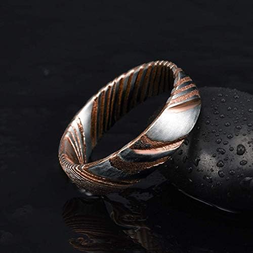 (6mm) Unisex or Women's Rose Gold and Damascus Tungsten Carbide Wedding Ring Band. Rose Gold and Silver Accented Wood Grain Swirl Design. One Year Warranty Included.2