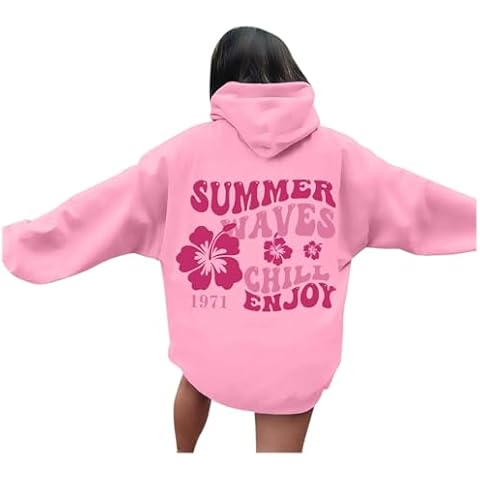 2024 Summer Enjoy Waves CHILL Sweatshirt Women's Oversized Hoodies Long Sleeve Shirts Pullover Fall Clothes with Pocket #01 Pink Medium Cover