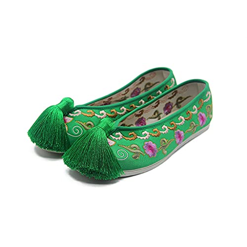 Vintage Women Flats Bride Shoes Chinese Wedding Satin Dragon Phoenix Embroidered Tassel Breathable Single Ballet Shoes Woman (Color : B, Size : 9 Code) (A 4 Code)2