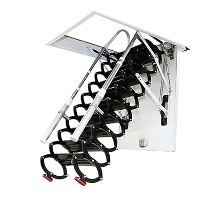 Ceiling Mount Attic Ladder, Retractable Attic Ladder Ceiling Pull Down System, 12 Steps Folding Loft Step with Armrests, Hidden Mount Attic Extension Stairs for Garage(Black, Step 12)