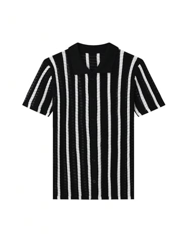 GORGLITTER Men's Striped Button Up Knitted Shirts Short Sleeve Collar Crochet Cardigan Sweaters Old Money Clothes2