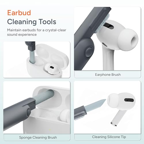 Image of Ambrane 7-in-1 Cleaning Kit | All-in-One Keyboard Cleaning Kit with Brush & Cleaner for Bluetooth, AirPods, Laptop, Tablet, Phone, iPad, Smartwatch, MacBook, Earbuds & PC Accessories (ACK-02 White)