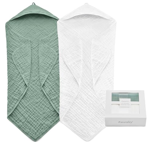 FAVERDIIY Toallas de bebé con capucha para recién nacido, 35 x 35 pulgadas, paquete de 2 toallas de baño 100% muselina de algodón, toallas de playa suaves con capucha para bebés, niños pequeños y