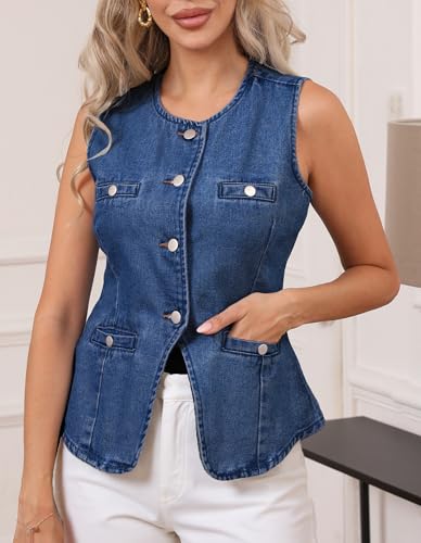 Ladyful Denim Vest Top for Women Jean Vest Sleeveless Button Down Summer Tops Crew Neck Western Waistcoat with Pockets3