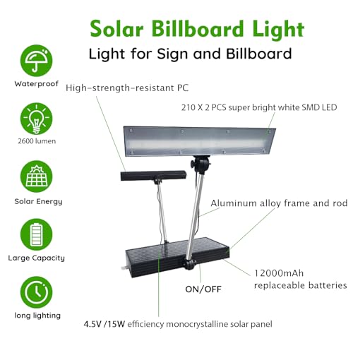 Image of Solar Sign Lights Outdoor, 420 led 2600 Lumen Solar Sign Light, 12000 mAh Billboard Lighting for Bussiness, Real Estate, Shop, Bus Stop, HOA, Highway Signs, Commercial, Black