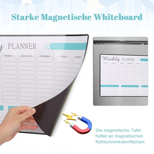 Magnetischer Wochenplaner abwischbar, Familienplaner für Kühlschrank mit 6 Boardmarkern & Schwamm, Organizer Whiteboard für Essen, Haushalt & Termine