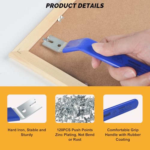 Image of Glazier Point Driver Tool, Glazier Setting Tool with 120 Glazing Push Points, Glazing Push Point Driver Tools with Blue Rubber Grip for Wooden Framing Backing Glass Picture Cross Stitch