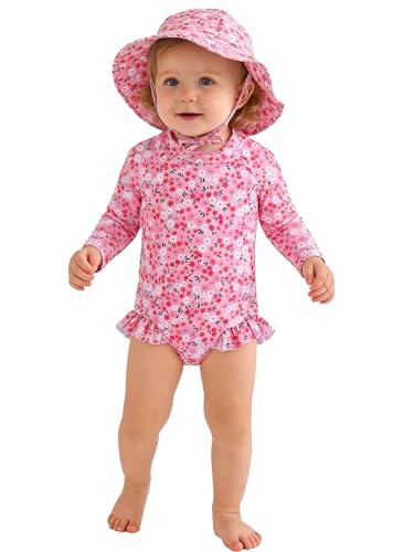 WOLBAY Baby Girl Swimsuit Long Sleeve One Piece Rash Guard with Sun Hat Zipper Bathing Suit Size 0-2T