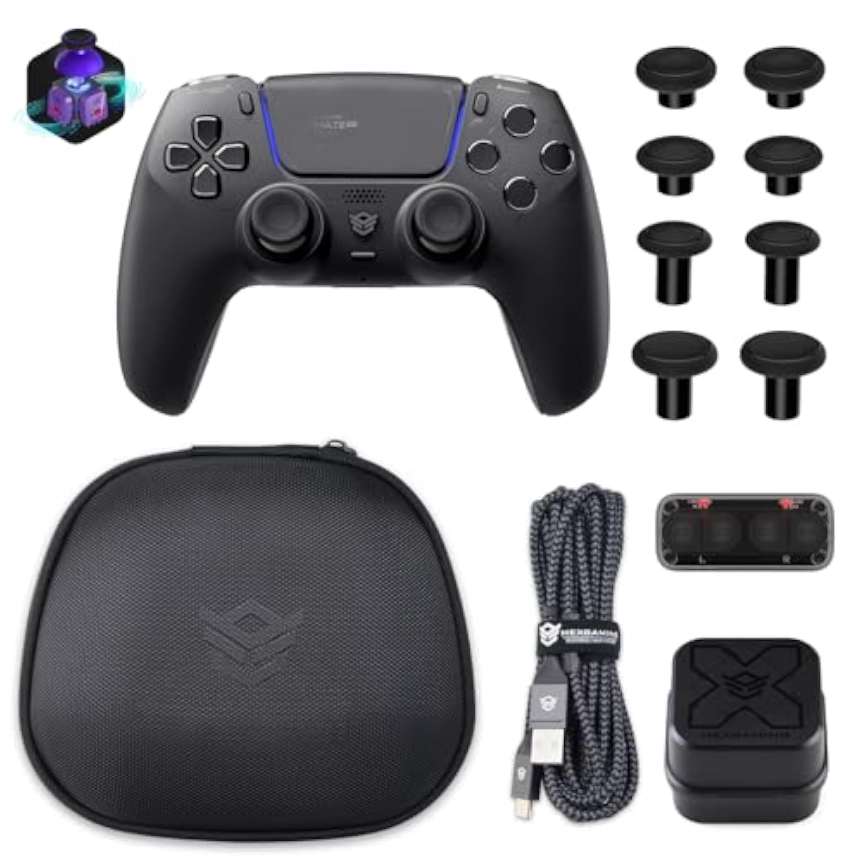 HEXGAMING Ultimate Pro Controlador de Juegos Profesional para ps5/PC/Móvil - 4 Botones Traseros/6 Perfiles Personalizables/Gatillos Ajustables/8 Joysticks Intercambiables - Efecto Hall (Negro Caos)