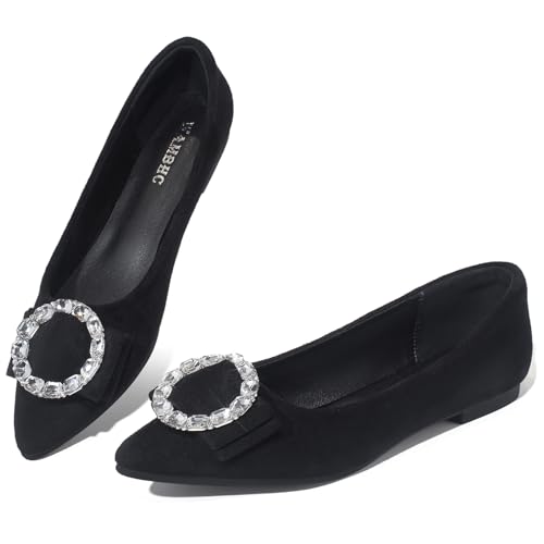 Flats Shoes Women Comfort Pointed Toe Suede Dress Shoes Cute Rhinestones Work Flat Shoe Slip On Casual Flats for Women
