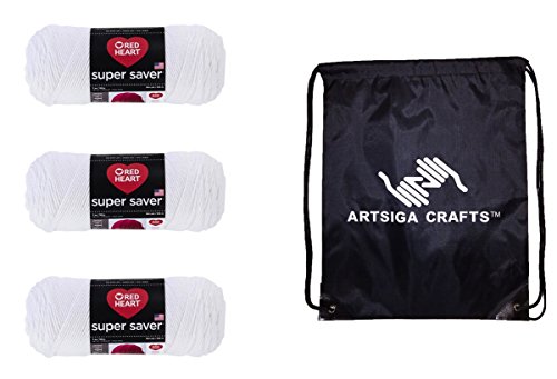 Red Heart Super Saver Yarn White E300-311, Worsted Weight No 4, 3 Skeins Same Dye Lot, 100% Acrylic Soft Acrylic, Machine Washable, Bundle with 1 Artsiga Craft Bag