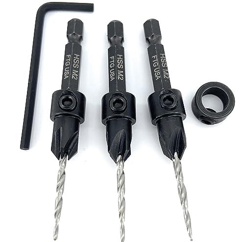 Image of FTG USA #4 (7 /64 inch) Wood Countersink Drill Bit 3-Pc Set with 3 /8 inch Depth Stop