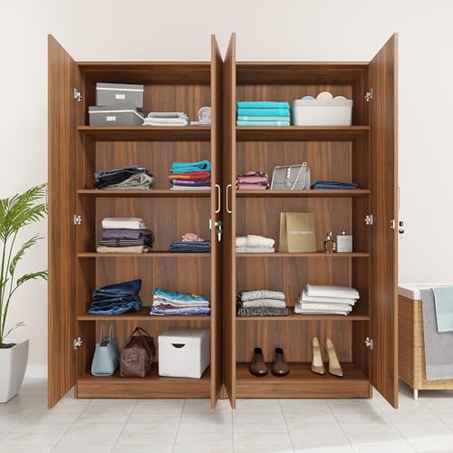 Image of VIKI Wardrobe | Wooden Almirah for 4 Door Fully Shelves Wardrobe (Brussel Walnut - 40D x 160W x 180.8H) | 1 Year Warranty | Free Assembly