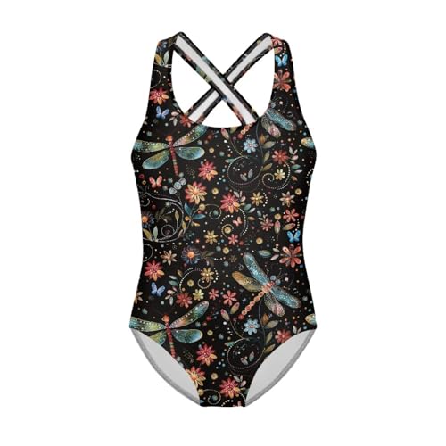 Gzzxiailg Dragonfly Floral Girls One Piece Swimsuits Sleeveless Round Neck Bathing Suit Summer Sport Swimwear Gymnastics Leotards for Practice and Competition