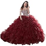 WANSHAQIN Women's Heavy Beaded Sweetheart Ball Gowns Dresses Organza Ruffles Quinceanera Dresses for Sweet 16 Burgundy