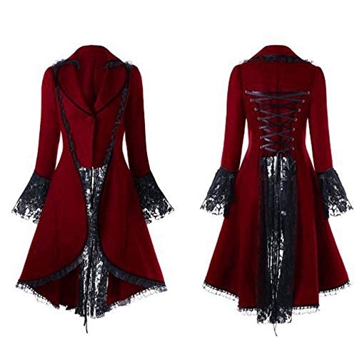 Womens Retro Jacket Button Down Long Sleeve Waist Back Bandage Lace Stitching Tuxedo Jacket Vintage Medieval Overcoat Cosplay Party Costume Outerwear (Xxxxl, Red) #TOP11
