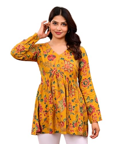 Image of LABEL ADRIJA Cotton V Neck Anarkali Short Kurti for Women Full Sleeve Floral Print | Short Kurtis for Women on Jeans