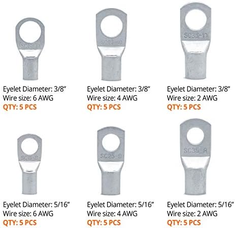 Wirefy 30 PCS Tinned Copper Wire Lugs Kit - Battery Lugs - Crimp Battery Cable Ends - Ring Terminals - 6-2 Gauge