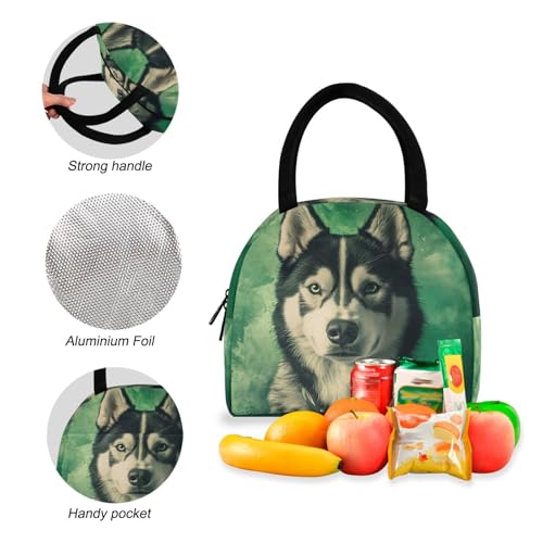 Husky on Green Print Backpack Set with Lunch Bag, Large Capacity Travel Backpacks and Lunch Box Insulated for Commute Hiking Picnic4