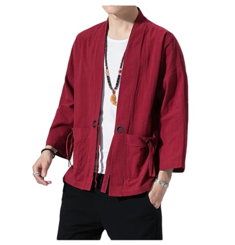Bollrllr 2024 Cotton Linen Kimono Cardigan Men Traditional Clothing Belt Yukata Casual Street Wear