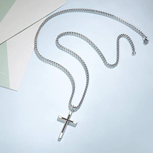 FANCIME Men Women Black Silver Cross Necklaces Sterling Silver Cross Pendant Polished Long Necklace Fine Jewelry Christmas Gift Valentines Day Gifts for Him Boys,Stainless Steel Box Chain Length 24'' by FANCIME - Image 4