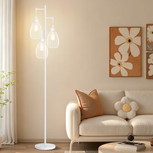 Image of Dimmable Floor Lamp, 3 x 800LM LED Edison Bulbs Included, Farmhouse Industrial Floor Lamp Standing Lamp with Elegant Teardrop Cage Head Tall Lamp for Living Room Bedroom Office Dining Room - White